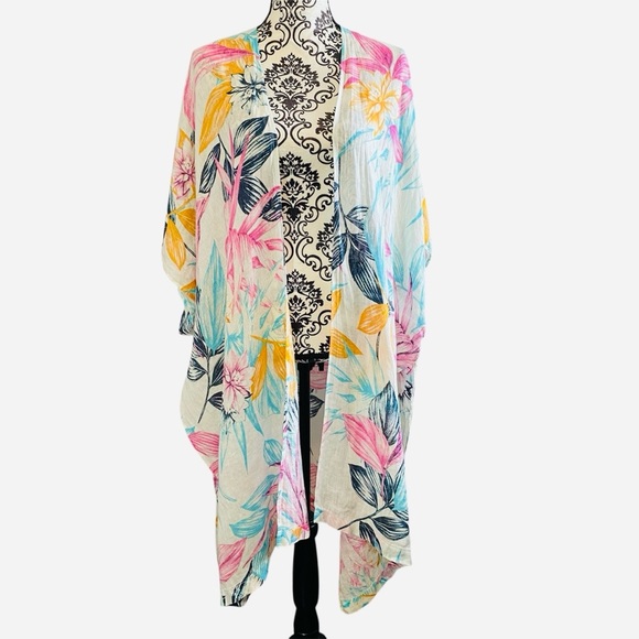 C&C California 100% Linen Floral Kimono Kaftan Coverup - Picture 1 of 4